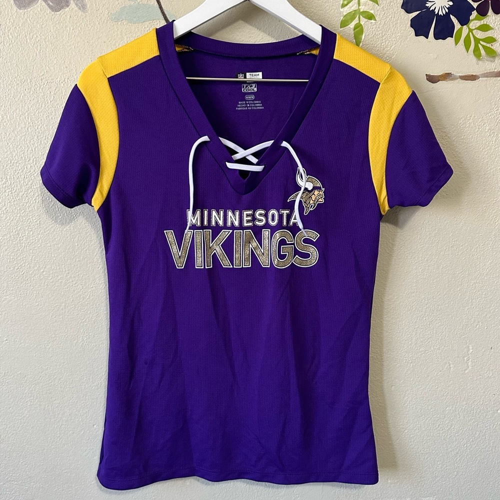 NFL Minnesota Vikings Purple Yellow Gold‎ Tie Short Sleeve Jersey Top Size M